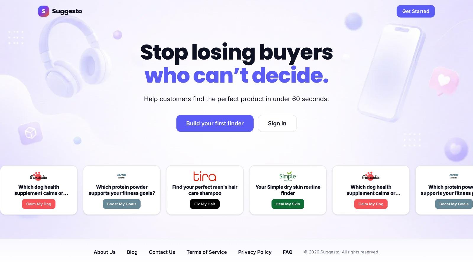 Suggesto homepage with the Build your first Product Advisor call-to-action