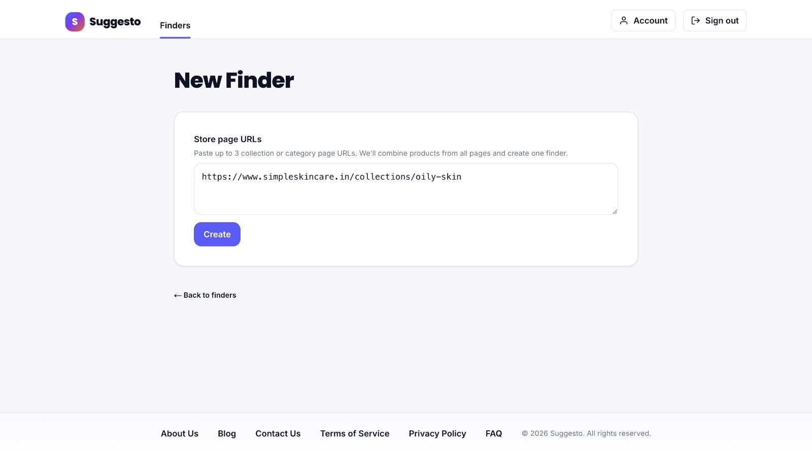 New Product Advisor page in Suggesto with the Store page URLs input and Create button