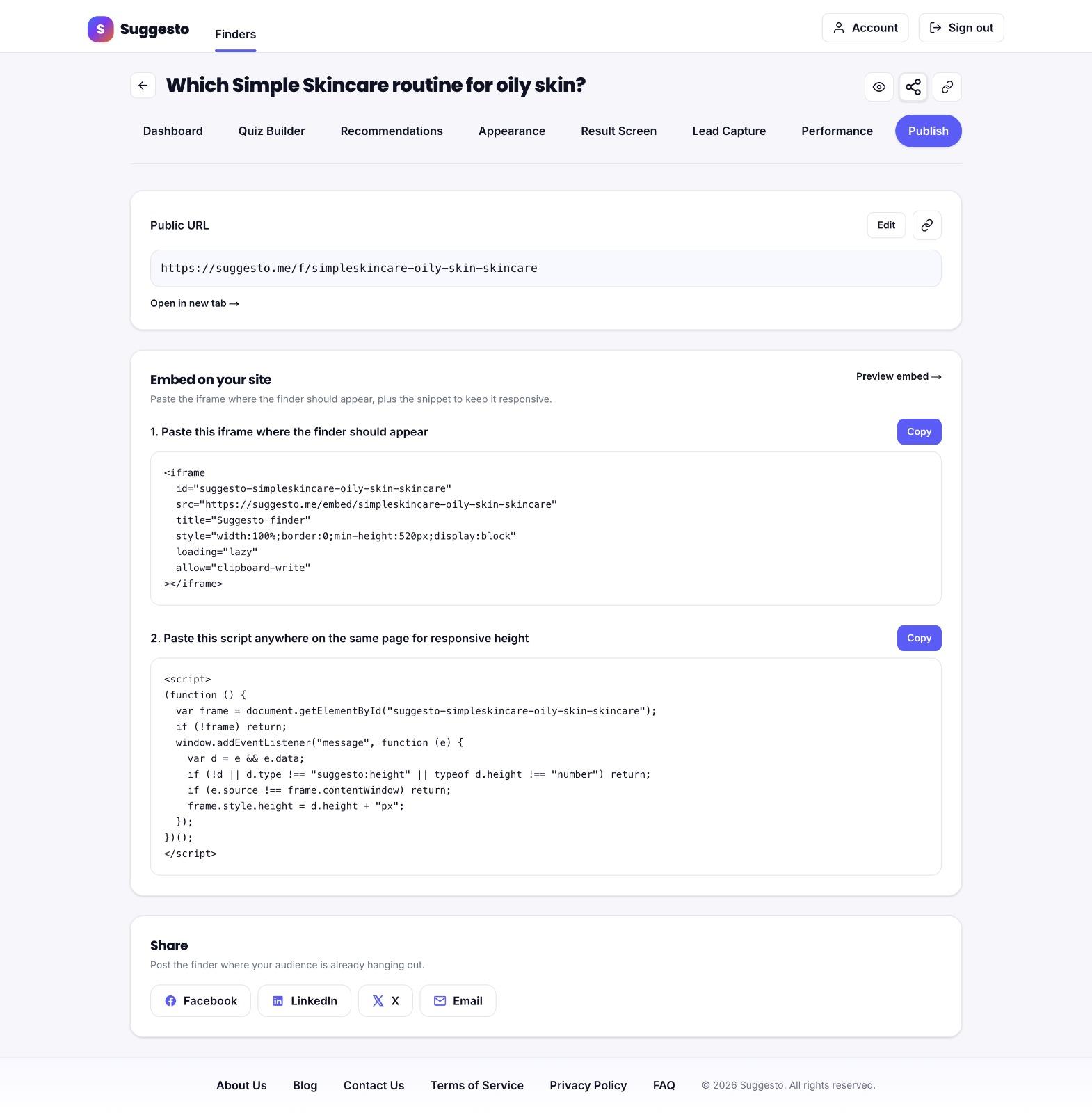 Publish page in Suggesto showing the public Product Advisor URL and the embed iframe + responsive-height script