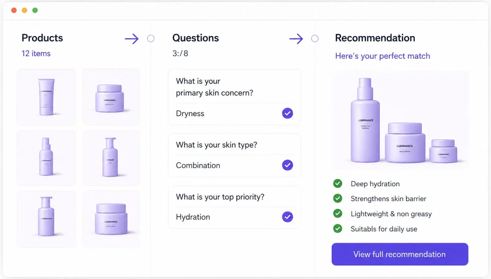 Suggesto product advisor: products, questions, and a personalised recommendation.